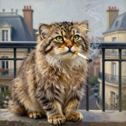 a portrait shot of a Pallas's Cat smoking a cigarette on a balcony, French style, highly detailed, oil on canvas, 8k resolution, A Painting by Rembrandt