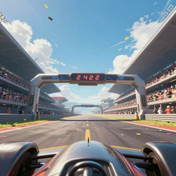 cinematic low angle wide angle shot worms eye view of a realistic futuristic vehicle racetrack finish line with confetti on a sunny day with a clear blue cloudy sky angled up, cyberpunk, digital painting, illustration, good value control, crowded stands, rule of thirds, golden ratio, horizon line focus, sharp focus, fourze, realistic textures, f zero, speed racer movie