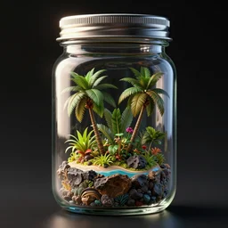 tropical island inside a glass jar, with a metal lid, black background, back light, intricate, highly detailed, volumetric lighting, hyper realistic, octane render 8 k, specular highlights, reflections, subsurface scattering, artstation, cgsociety, inspired by famous artists