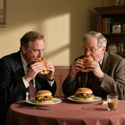 Superintendent Chalmers and Principal Skinner sitting at a table eating hamburgers
