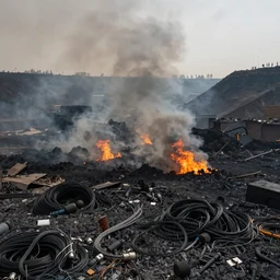 biodiversity spawned from the ashes of spiralling dust and fire emerging from the huge valley piles of wires an cable litter the landscape , volumetric lighting shines through the smoke filled sky