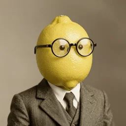 anthropomorphic lemon, wearing a suit and glasses, vintage photograph, sepia