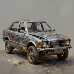 a car made out of metal scrap, concept art, oil painting, detailed, realistic art, creepy