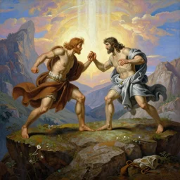 an amazing realistic painting of cain and abel fighting on the edge of a cliff with a divine light in the sky, majestic mountains in the background, painting by roberto ferri, insanely detailed, beautiful art, smooth, elegant, intricate, vibrant, colorful
