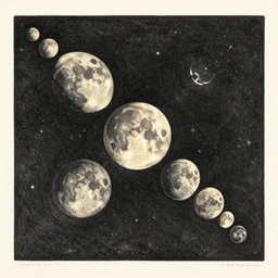 the phases of the moon, occult, vast cosmos, crushing despair, a photograph of a two color woodcut print with ink on textured paper