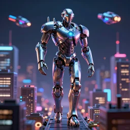 macro view of a giant human metallic of 1 km of hight walking on the small city, tron, close up bokeh hiperrealistic neon glow darkness dramatic neon f - zero ships, sharp focus, octane render, imax