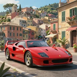 a wholesome animation key shot of!! one!! focused!! ferrari 2 5 0 gt!! in beautiful cinque terre italian street, medium shot, studio ghibli, ( pixar ) and disney animation, sharp, very detailed, high resolution, rendered in unreal engine 5, anime key art by greg rutkowski, bloom, dramatic lighting