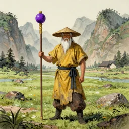 a chinese battle monk, wearing a faded dark yellow toga, straw hat, holding a long wooden staff with a purple ball attached to the top end of it and is perpendicular to the floor, long white beard, beautiful valley with a meadow and dozens of mountains, lots of shading, full body shot, drawn in the style of ken kelly - n 4