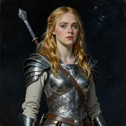 Elle Fanning as a Valkyrie in space, by Edward Hopper, Extremely detailed. 4K. Award winning.