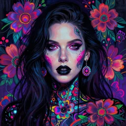portrait of kate beckinsale, hyper detailed masterpiece, neon floral pattern, jean giraud, digital art painting, darkwave goth aesthetic, psychedelic, artgerm, donato giancola and tom bagshaw