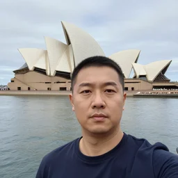 selfie of an ema, a burning sydney opera house in the background