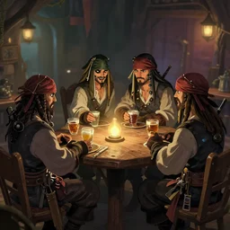Pirates in a tavern,  cgsociety, fantasy art, 2d game art, concept art ,  ambient occlusion, bokeh, behance hd , concept art by Jesper Ejsing, by RHADS, Makoto Shinkai ,Cyril Rolando, face of characters by artgem and Greg rutkowski