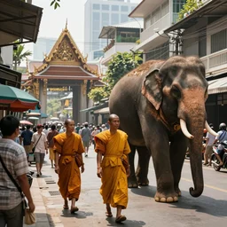 In a future Bangkok, yellow-robed monks and  huge elephants walk the streets of a bustling city under the hot sun ,by Jamie Jones and greg Rutlkowski ,hyperrealistic rendered in 4k, cinematic composition vray photorealistic focused lighting, HD
