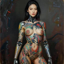 super model cyborg girl with Japanese yakuza full body tattoo in future world, painted by Norman Rockwell