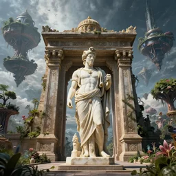 greek god marble statue at the civilization gate, highly advanced civilization living in hindu temple inspired space colonie, floating islands connected with roots, avatar like landscape, high - tech space cult with trees and plants and alien flowers, dramatic lighting, epic, octane render, volumetric light, unreal engine, artbreeder, 8 k, background, scene, digital, artwork, high quality, 8 k
