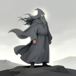 grey wizard standing on a windy hill, robes billowing in the wind, painting, rim lighting from sunrise, epic and whimsical, highly detailed, trending on artstation, holding gnarled wooden staff, unreal engine
