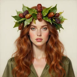 epic painting drawing, full figure portrait of beautiful supermodel goddess face poses wearing olive blouse, long brown red wavy hair, green tea leaves bridal crown with sweet dried dates fruits, medjool dates, dried dates, photography by amy leibowitz, wlop, jeremy lipkin, beeple, intricate, symmetrical front portrait, artgerm,