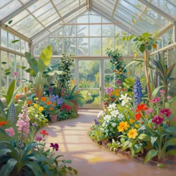 painting of a botanical garden greenhouse serene morning light colorful flowers, vivid colors, Alena Aenami, Rebecca Guay, science fiction vintage art