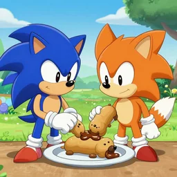 sonic and tails eating chilly dogs