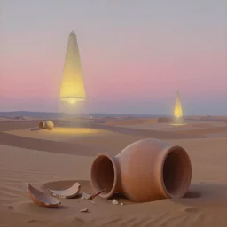 beacons of soft light drifting above a desert, classical landscape painting, oil paints, giant ceramic pottery broken and submerged, highly detailed, late evening with pink light on the horizon