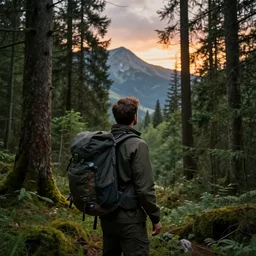 explorer detailed man with backpack standing at a forest looking for adventure in the mountains, tall trees, landscape is lush, moody sunset in background, greg rutkowski, alphonse mucha, trending on artstation, artgerm, unreal engine, breathtaking, award winning, highly detailed w 1 0 2 4