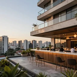 rooftop bar of a modern high-end residential modern apartment designed by arthur casas located in são paulo overlooking the city at golden hour