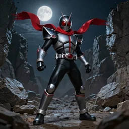 (Biomechanical) Kamen Rider!!!!!!!!!!!! with a red scarf billowing behind him standing in a rock quarry, full body single character, League of Legends Character Splash Art!!!!, rubber suit, Arcane style!!!!!, action scene, fight scene, good value control, high quality, 4k, ultra realistic, highly detailed, illustration, promotional image, matte painting, rule of thirds, centered, cinematography, moonlit night,
