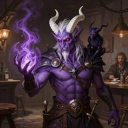 tiefling warlock with white horns on his head, purple skin, red glowing eyes, he is casting a destruction spell, an imp is sitting on his shoulder and the background is a friendly tavern. dungeons and dragons, highly detailed, digital painting, artstation, concept art, sharp focus, illustration, art by Leonardo da Vinci and Michelangelo and Botticelli