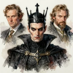 a realistic and atmospheric watercolour fantasy character concept art portrait of an evil king with a black crown looking at the camera with an intense gaze by rebecca guay, michael kaluta, charles vess and jean moebius giraud