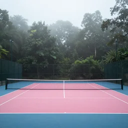 A tennis court in color of pink surrounding by forest in the misty morning