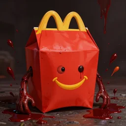 anthropomorphic mcdonald's happy meal, horror scene, matte painting, blood splatter, illustration, photorealistic