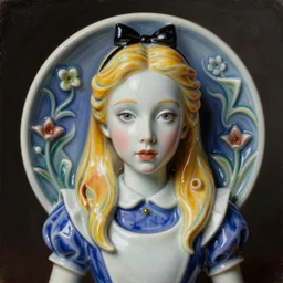 little delicate trippy ceramic artnouveau alice in wonderland portrait in style of remedios varo and in style of rene lalique fine details micro details and sharp focus realistic oil painting smooth ceramicclassical 8 k