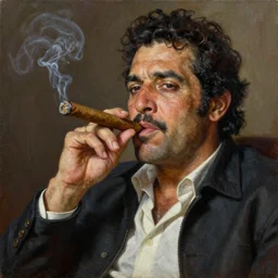 an oil painting of uncle joey diaz rolls a cuban cigar, ultra realistic, highly detailed, masterpiece, cinematic by greg rutkowski, frank frazetta, beeple, christian macnevin, beeple, wlop, krenz cushart, epic character art, volumetric lighting, cgsociety