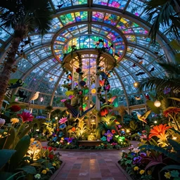 tropical greenhouse garden with colored glass cover, outside of time and space, magnificent, gorgeous, birds, flowers, fairy tale, night lighting, gorgeous lighting, well lit, backlit, dramatic cinematic lighting, intricate, highly detailed, low angle view, artstation, mysterious, comfort, in the style of aetherpunk, 8 k