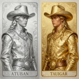 a dramatic ethereal epic symmetrical painting of handsome cowboy twins, left is silver and right is gold | tarot card, art deco, art nouveau, (steampunk), homoerotic, realistic | by Mark Maggiori and ((((Alphonse Mucha))) | trending on artstation