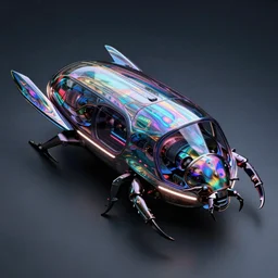 photo of an iridescent skin futuristic pod vehicle with aerodynamic fins, box - shaped dark glass and plastic, venturi tunnels, neon lights, stag beetle shape, octane render