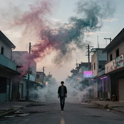 thin clouds of colored smoke whip and swirl around a tall, thin man as he walks down the lonely street of abandoned neon - lit storefronts