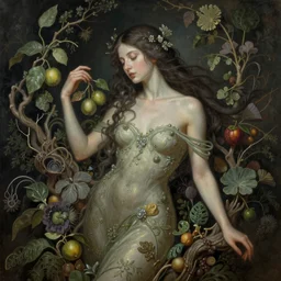 unique non-conventionally beautiful nature goddess, ornamental plants, fruits, and branches, surreal composition, fantasy, intricate, elegant, sensual, moody, etheric, dramatic lighting, emotionally evoking symbolic metaphor, highly detailed, painterly, digital painting, artstation, concept art, smooth, sharp focus, illustration, art by John Collier and Krenz Cushart and Artem Demura and Alphonse Mucha and Albert Aublet