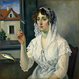 painting by mikalojus konstantinas ciurlionis. portrait of worldly woman with lace and firefly at the house of the fishseller.