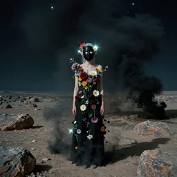 The full body shot of beautiful pale woman with many flowers and full-face black mask inside a thick cloud black smoke in rocky desert landscape, glowing eyes, falling star on the horizon by Gaspar Noe, Alejandro Jodorowsky and Christopher Doyle, anamorphic lens, anamorphic lens flares, kodakchrome, cinematic composition, award winning photo, 8k