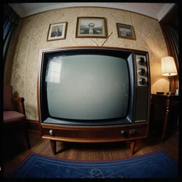 kodak portra 4 0 0, wetplate, fisheye, portrait photo by britt marling, 1 9 2 0 s room, a giant vintage television, 1 9 2 0 s furniture, wallpaper, picture frames, carpet, shining lamp,, muted colours, blueberry, wood, fog,