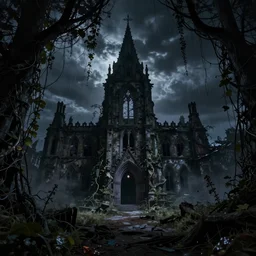 Ruined London in the Upside Down from Stranger Things, midnight, very dark, vines everywhere, ash falling