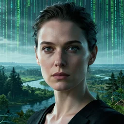 an ultra realistic cinematic headshot portrait of model woman, a vast serene landscape with trees and rivers in the matrix, matrix code, detailed, deep focus, movie still, dramatic lighting, ray tracing, by michal karcz and ryoji ikeda