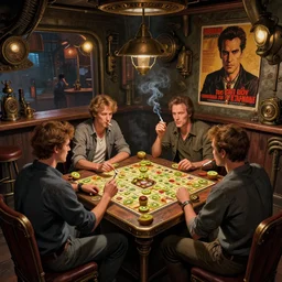 Kiwi fruits fruit kiwi Kiwi-fruits in the interior of a steampunk pub, Greg Rutkowski, Milo Manara, night time, smoking cigarettes, playing board games, highly detailed, Quentin Tarantino movie posters, pulp fiction, level design, concept art, artstation, cgsociety, zenith view