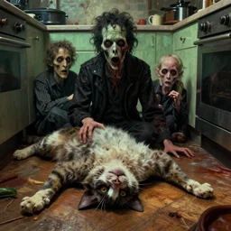 cinematic colorful horror artwork by artgerm, beksinski, bernie wrightson, mark brooks ; real life full portrait of dead cat animal with head twisted lying on kitchen floor ; haunting, brutal scary terrifying, 8 k hdr, creepy intricate ; dramatic lighting, insanely detailed