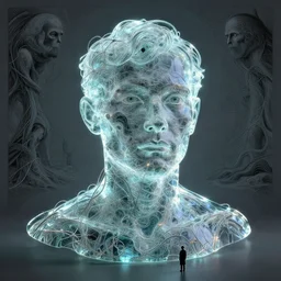 Portrait Masterpiece,  person made out of glass, flat background, glowing, wires everywhere, by Edgar Maxence and Ross Tran, Zdzisław Beksiński, and Michael Whelan, distant, gustav dore, H.R. Giger, 8k, octane render