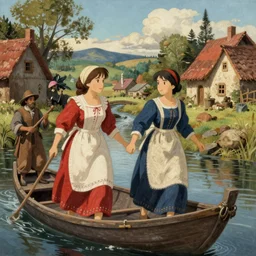 portrait of two beautiful medieval village finnish norwegian swedish attractive maidens crossing river on boat, jodhpurs greg manchess painting by sargent and leyendecker, studio ghibli fantasy close - up shot asymmetrical intricate elegant matte painting illustration hearthstone, by greg rutkowski by greg tocchini by james gilleard
