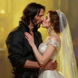 a cyberpunk 2077 wedding couple portrait of Keanu Reeves and V in love story,pray,hug,hold,kiss,film lighting,by Lawrence Alma-Tadema,Andrei Riabovitchev,Laurie Greasley,Dan Mumford, John Wick,Speed,Replicas,artstation,deviantart,FAN ART,full of color,Digital painting,face enhance,highly detailed,8K,octane,golden ratio,cinematic lighting, no extra heads, no extra people