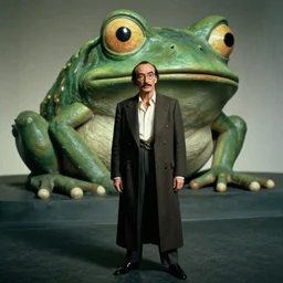 the salvador dali as emperor of universe, stone pepe the frog on the background | still frame from the movie by ridley scott with cinematogrophy of christopher doyle and art direction by hans giger, anamorphic lens, 8 k