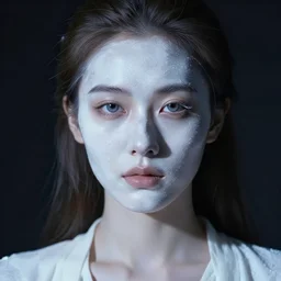 A very macular woman in white, at midnight, Close up, Front view